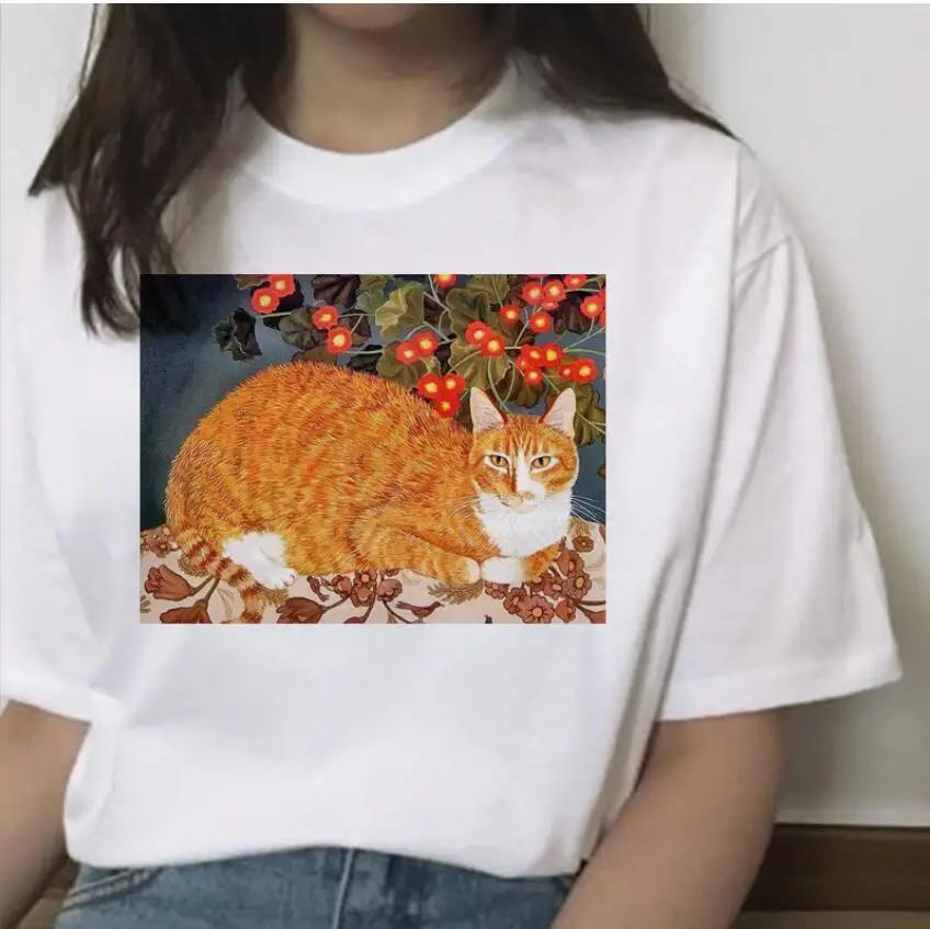 Oil Painting Cat Women's Fashion Personality Spoof Classic Oil Painting T-shirt Women Clothing Tops Harajuku Aesthetic Oversized