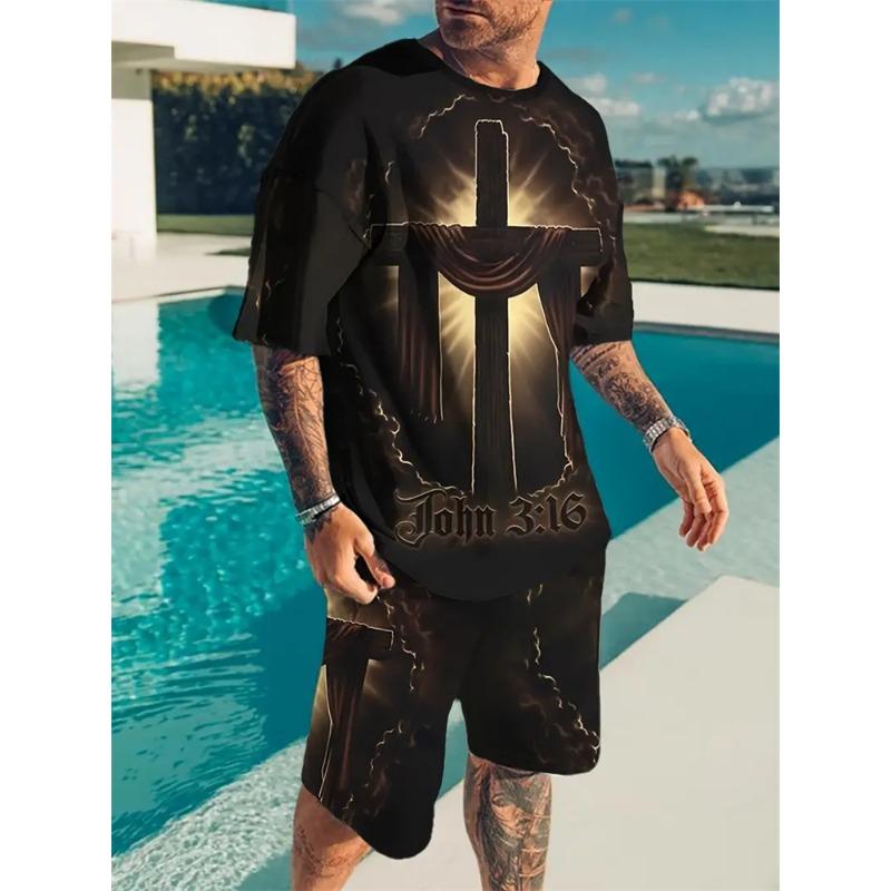 Модный новый мужской костюм больших размеров с принтом креста Иисуса, летний крутой дышащий короткий рукав, шорты на шнурке, одежда для веры