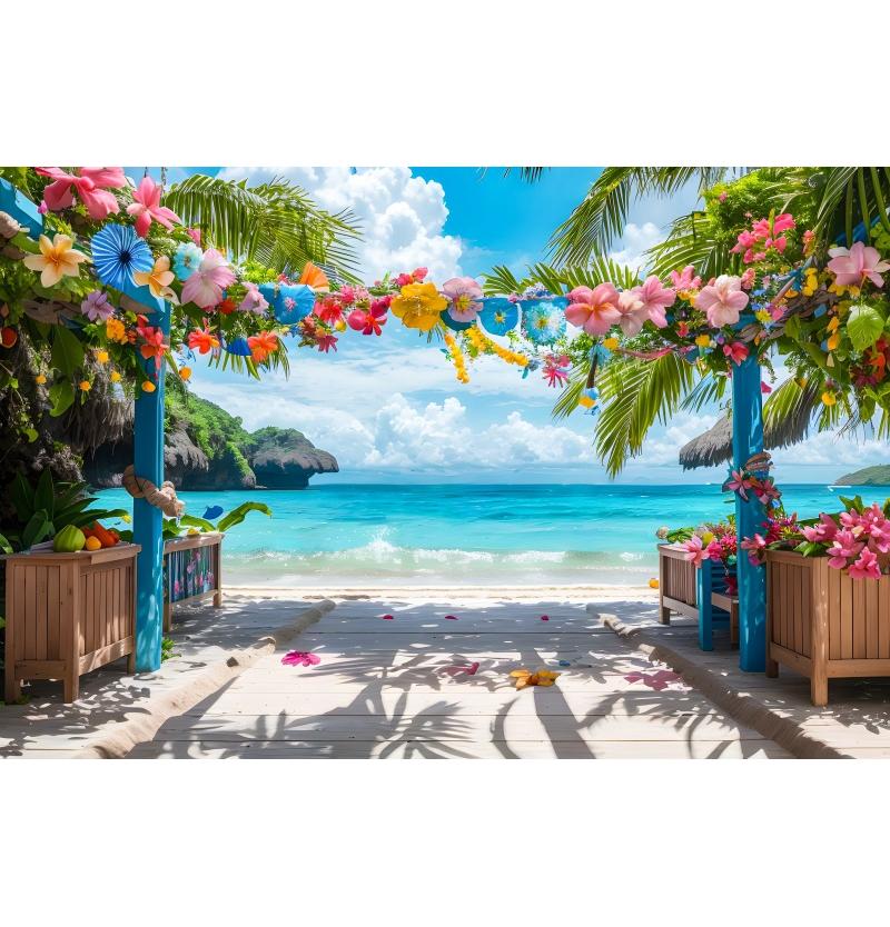 Summer Seaside Party Backdrops For Photography Tent Fruits Beach Palm Trees Holiday Camping Party Background Decor Photo Studio
