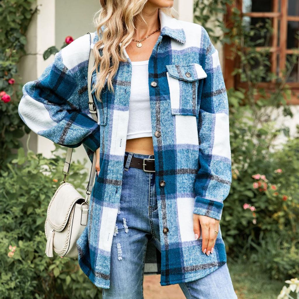 Women Long Sleeve Shacket Drop Shoulder Loose Fit Plaid Shirt Jacket with Chest Pockets Blue XXL