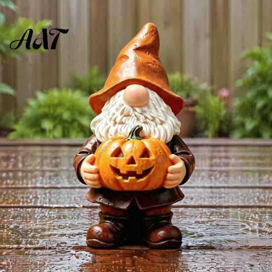 Halloween Gnome Statue Garden Statue, Faceless Holding Pumpkin Sculpture, Decorative for Porch Waterproof Resin Yard Autumn Decor