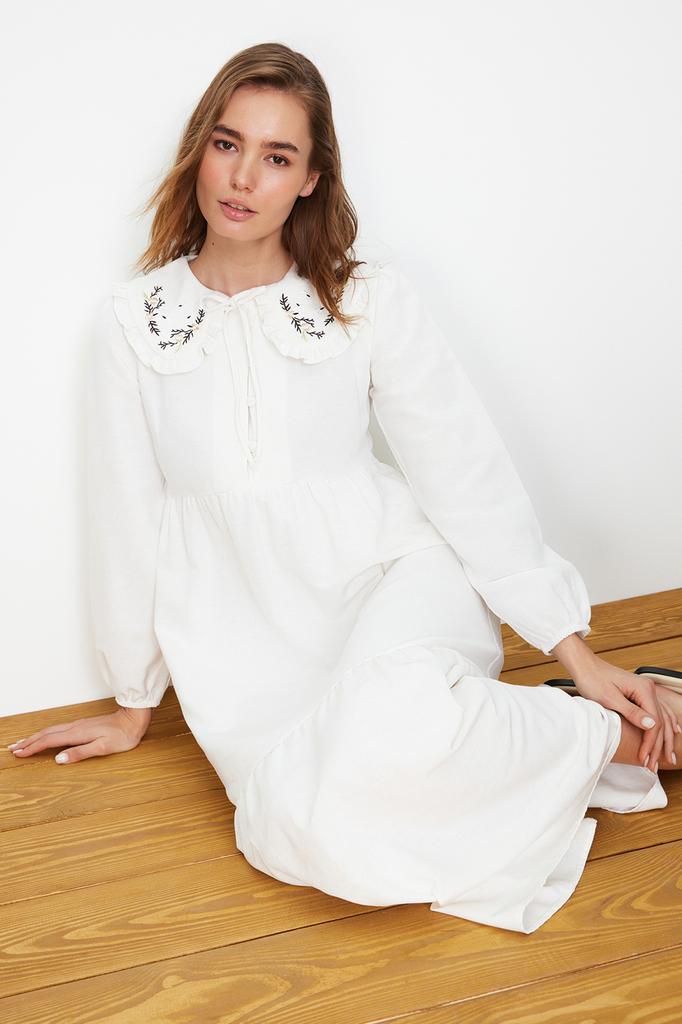 Женское модное новое платье-хиджаб с воротником корицы, вышитым полунашивкой, льняное тканое платье