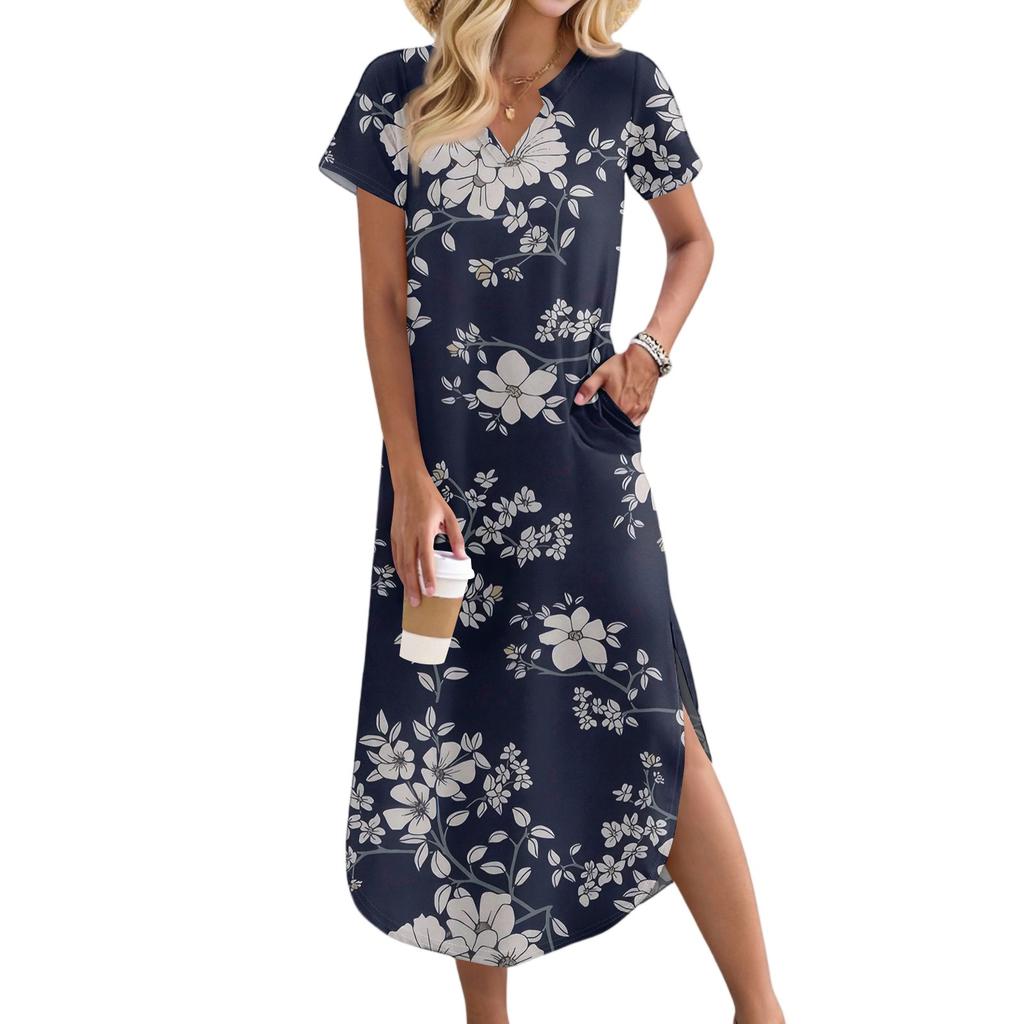 Women's Casual Comfortable V Neck Loose Hem Split Vacation Short Sleeve Floral Long Dresses