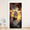 1/2pc Ocean Wall Mural Door Sticker - Removable Self-Adhesive PVC Door Sticker with Sunset and Sailing Scene, Cartoon Theme Home Decor