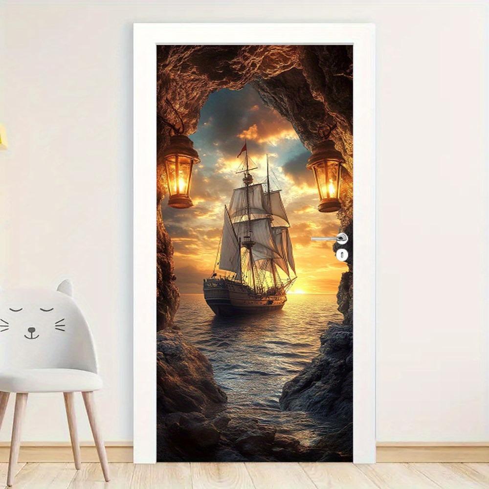 1/2pc Ocean Wall Mural Door Sticker - Removable Self-Adhesive PVC Door Sticker with Sunset and Sailing Scene, Cartoon Theme Home Decor