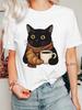 Cute Black Cat Womens T Shirt Adorable Cat Scarf Coffee Cup Croissant Cartoon Print O Neck Short Sleeve Casual Ladies Tops