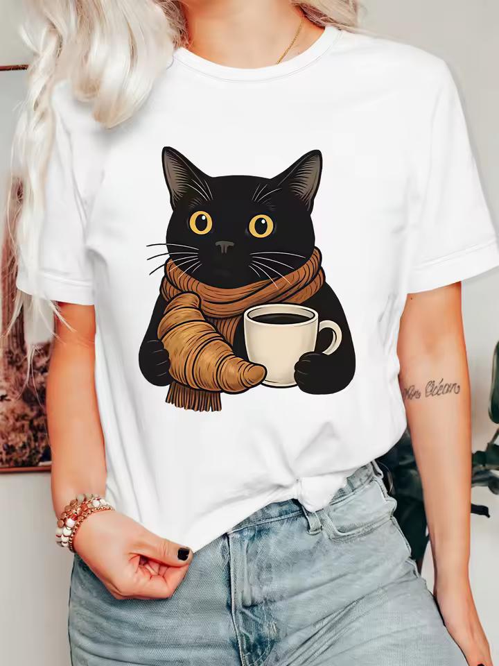 Cute Black Cat Womens T shirt Adorable Cat Scarf Coffee Cup Croissant Cartoon Print O Neck Short Sleeve Casual Ladies Tops