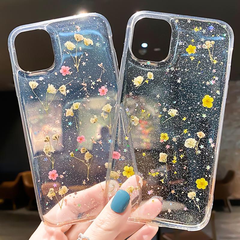 Мягкий чехол для телефона TPU с изображением настоящих цветов и сухоцветов для 16 Pro 15 14 Pro Max 13 12 11 X XS XR 7 8 Plus, прозрачный противоударный чехол