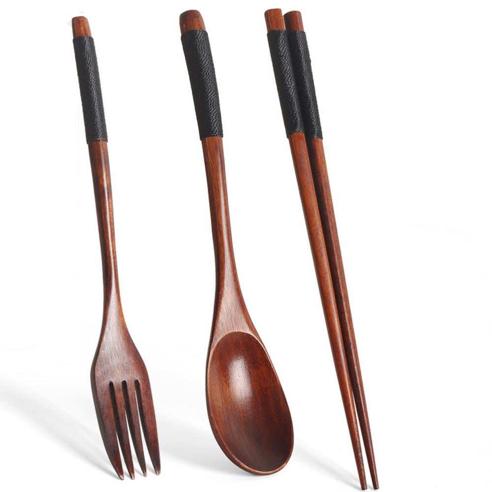 3 Pieces Tableware Natural Wood Dinnerware Spoon Chopsticks Fork Dinner Portable Tableware Grain Household Kitchen Cutlery Set