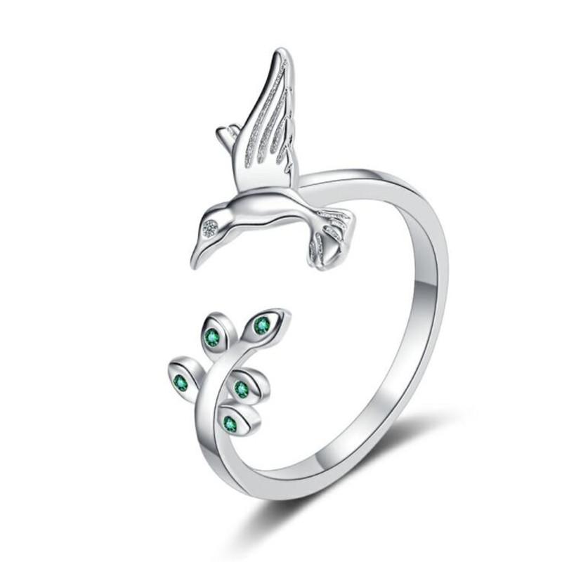 New Creative Bird Sweet Flower 925 Sterling Silver Jewelry Personality Cute Fresh Leaf Branch Art Opening Rings Xzr041
