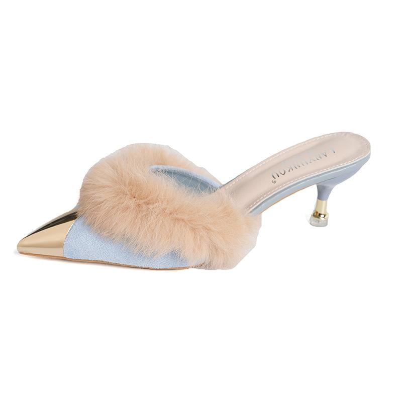 Осень и зима новая корейская версия остроносый низкий каблук сумка голова плюшевые женские классные тапочки знаменитости интернет мода домашняя одежда тапочки женские