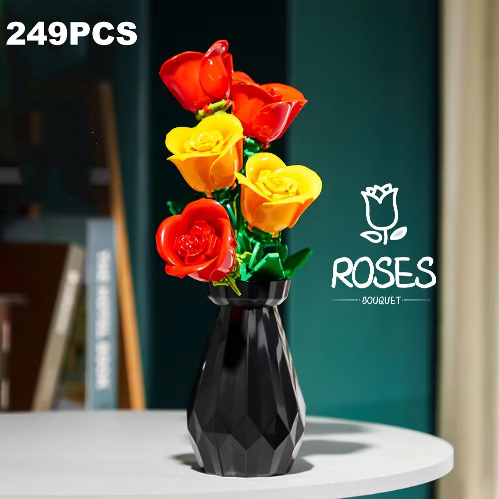 249PCS Rose Bouquet Building Blocks Creative Flower In Vase Model Bricks Desktop Decoration Diy Toys For Kids Holiday Gifts