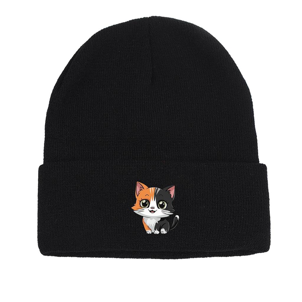 Cat Print Knitted Cap Beanie, Animal Woman Cap Lightweight Thermal Sporting Headwear Knit Hat Beanie