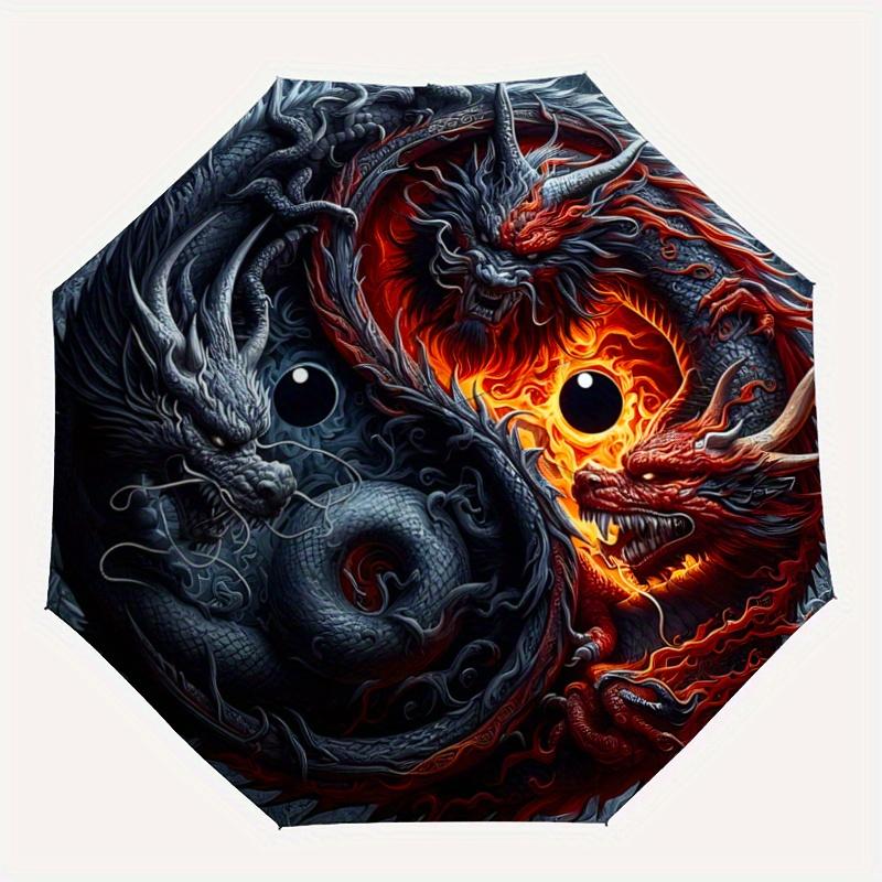 1pc The Epic Battle of Red and Black Dragons Pattern Automatic 3-Fold Umbrella, 8 Iron Frames, High-Value Folding Umbrella, Suitable for Office,