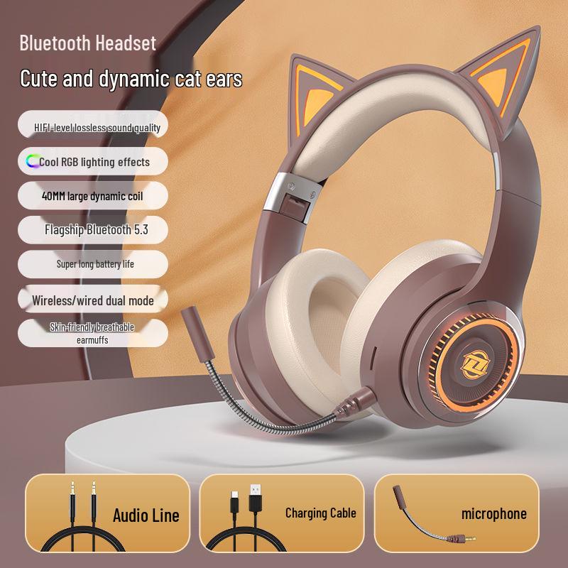 Светящиеся беспроводные Bluetooth накладные наушники с кошачьими ушками 2025 - Игровые и спортивные, Тяжелый бас, Совместимы с мобильными устройствами и ПК