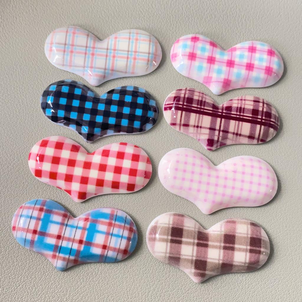 Kawaii Check Pattern Heart Flatback Resin Cabochon Scrapbook DIY Valentines Craft Decoration Accessories