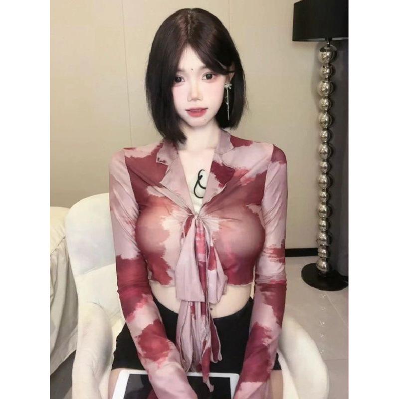 Women's Hot Girl Tie-Dye V-Neck Long-Sleeve High-Waist Sexy Slim Fit Shirt