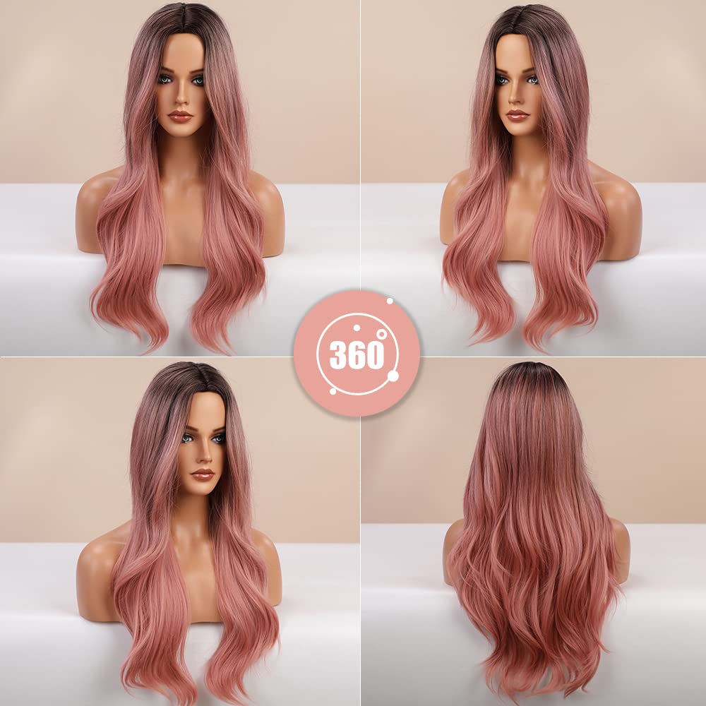 LOUIS FERRE Средняя часть, длинные натуральные волнистые парики из синтетических волос, косплей, розовые парики с омбре для черно-белых женщин, термостойкие парики