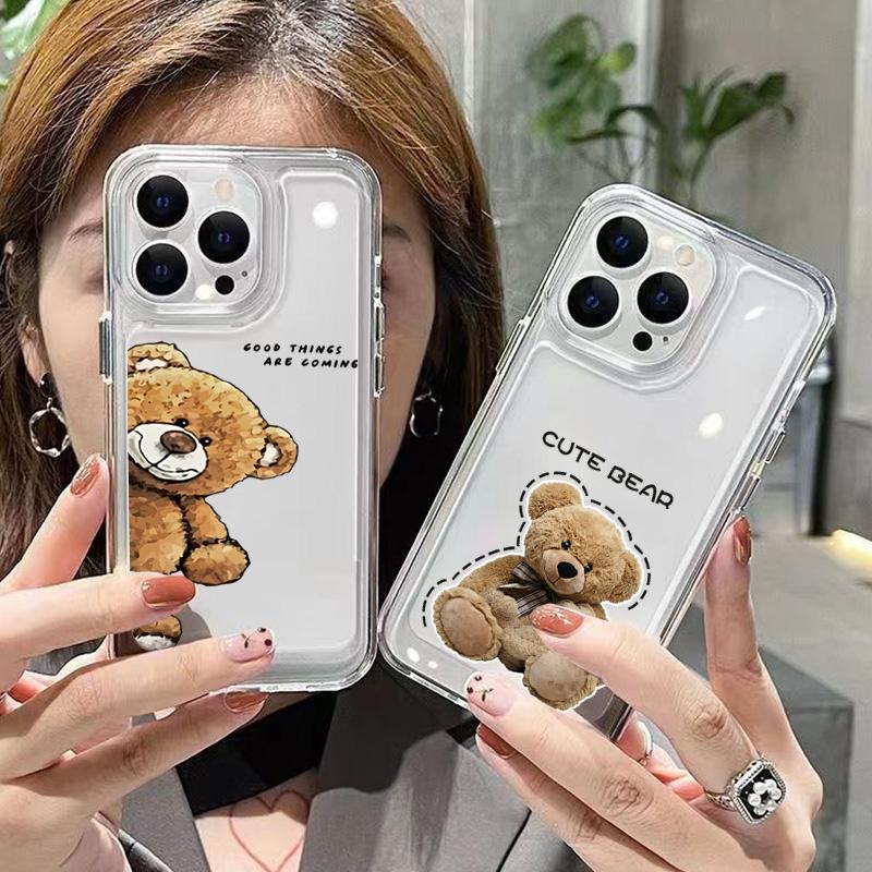 Cute Peeking Teddy Bear Clear Pattern Design Protective Cover for iPhone 17 16 15 14 13 12 11 16E Series Pro Max Plus