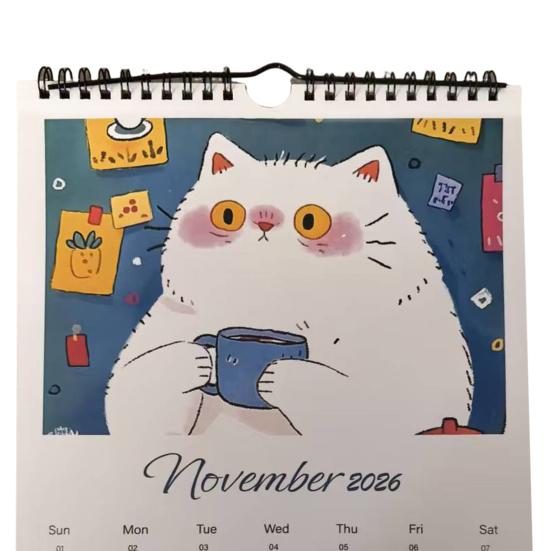 2026 Hand-Painted Cat Wall Calendar 12-Month Planner Feline Illustrations Thick Paper Calendar Gift for Pet Lovers