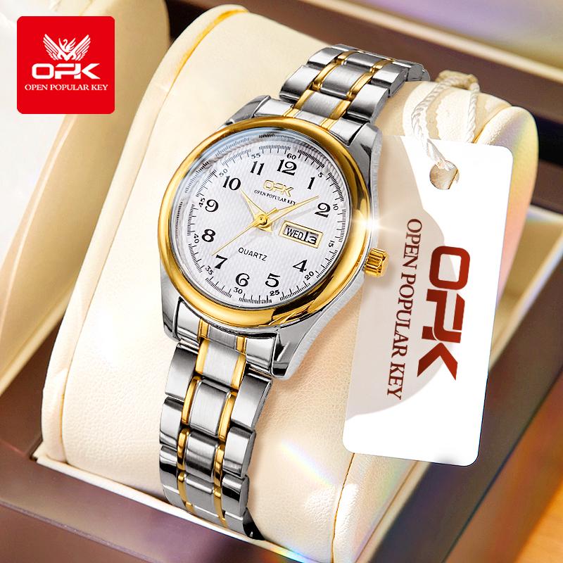 OPK 8110 Women's Calendar Week Quartz Watch Steel Belt Waterproof