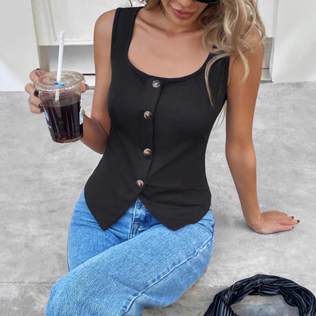 Women's Vest Summer Solid Color Sleeveless U-neck Fake Button Casual Vest