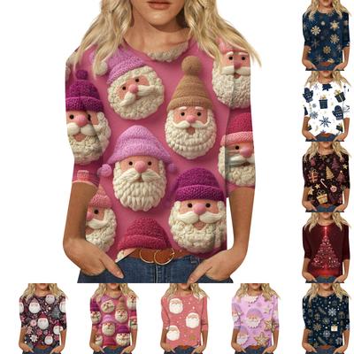 Женская модная повседневная футболка с круглым вырезом и рукавом три четверти с рождественским принтом