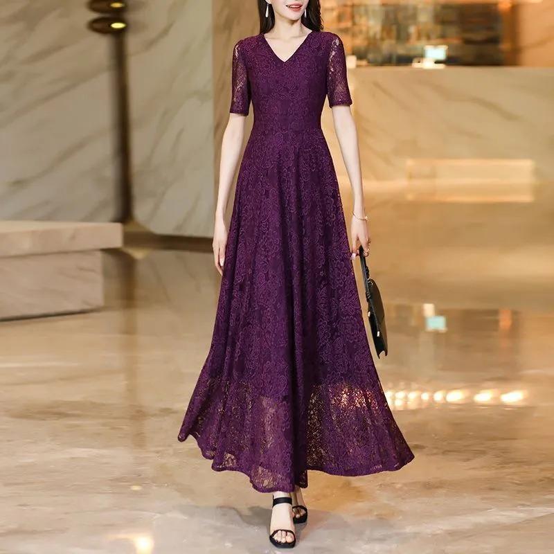 Женское кружевное макси-платье с V-образным вырезом, коротким рукавом, А-силуэта, элегантное вечернее платье для вечеринки