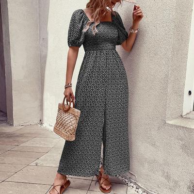 Женский комбинезон с квадратным вырезом и цветочным принтом, короткие рукава, широкие брюки, комбинезон