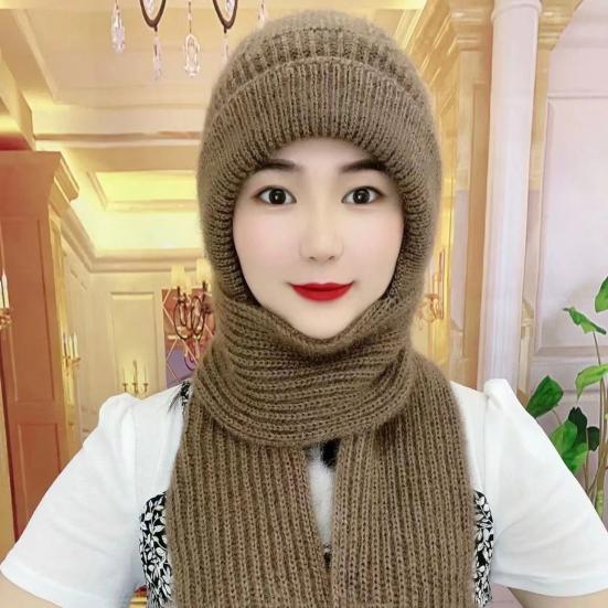 Women Winter Hat with Scarf Thick Warm Plush Windproof Cycling Headwear Solid Color Elastic