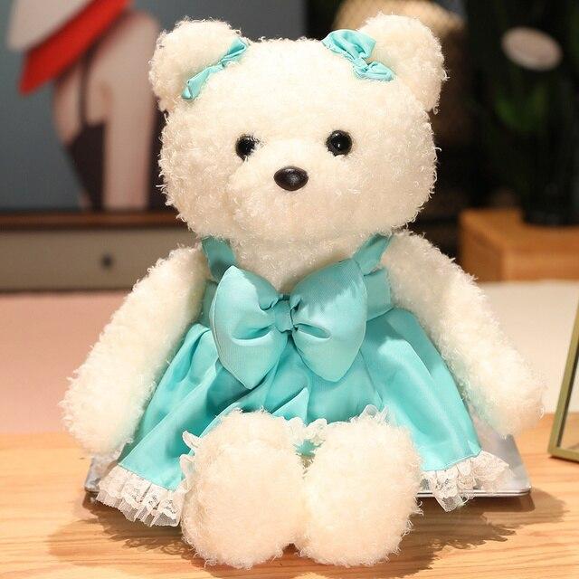 Kawaii Plush Curly Hair Teddy Bear Toys Charming Bear with Bow Suspender Dress Pillow Stuffed Soft Dolls Girls Gifts
