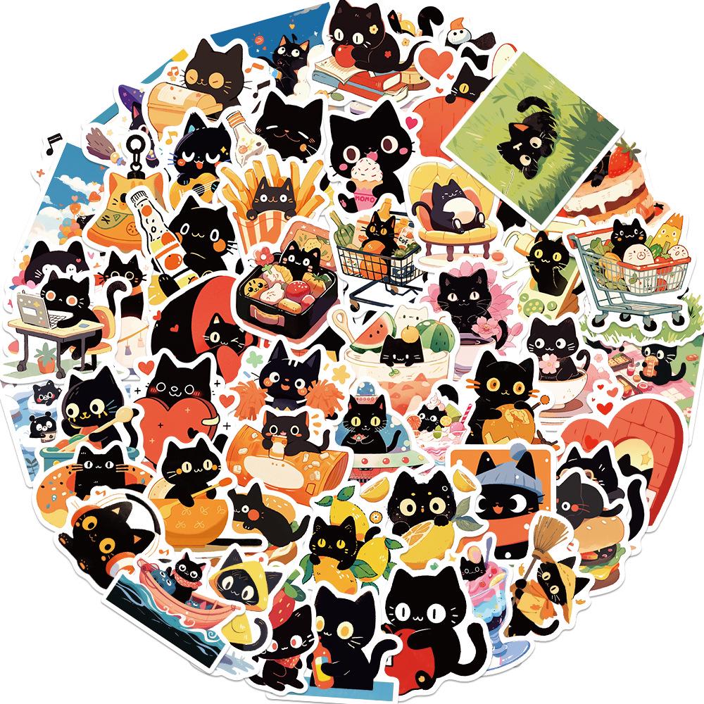 60 Sheets Cute Black Cat Stickers for Decoration: Cartoon Kitten Decals for Suitcases, Computers, Refrigerators, and Scooters.
