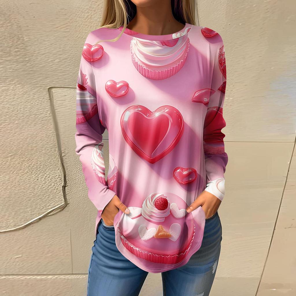 Tee Shirts For Women Casual Round Neck Long Sleeve Shirts Valentine's Day Printing Top Pullover