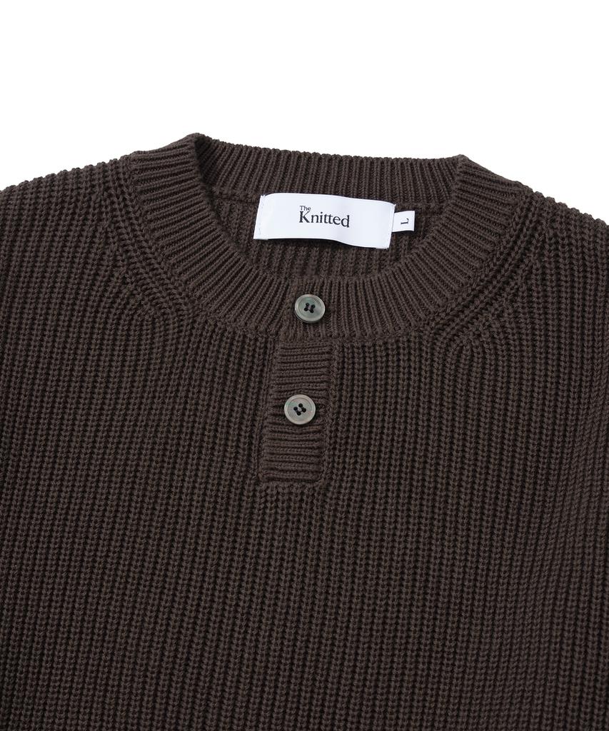 KNITTED Cotton Henley Neck Waffle Knit Brown
