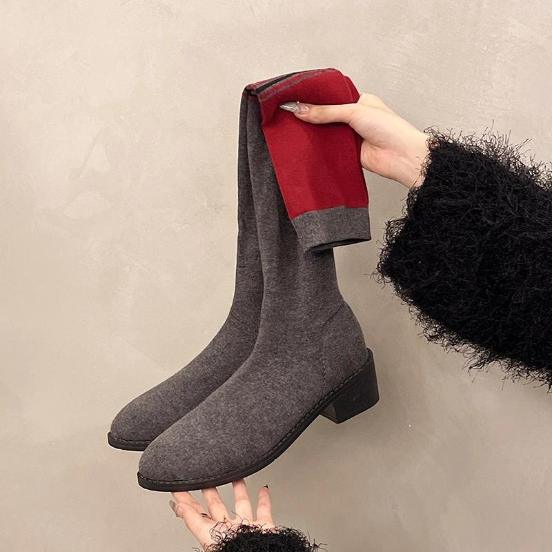 Модные эластичные сапоги длиной до колена для женщин в 2024 году, новые весенние, осенние и зимние вязаные сапоги с завязками на ногах и высоким голенищем