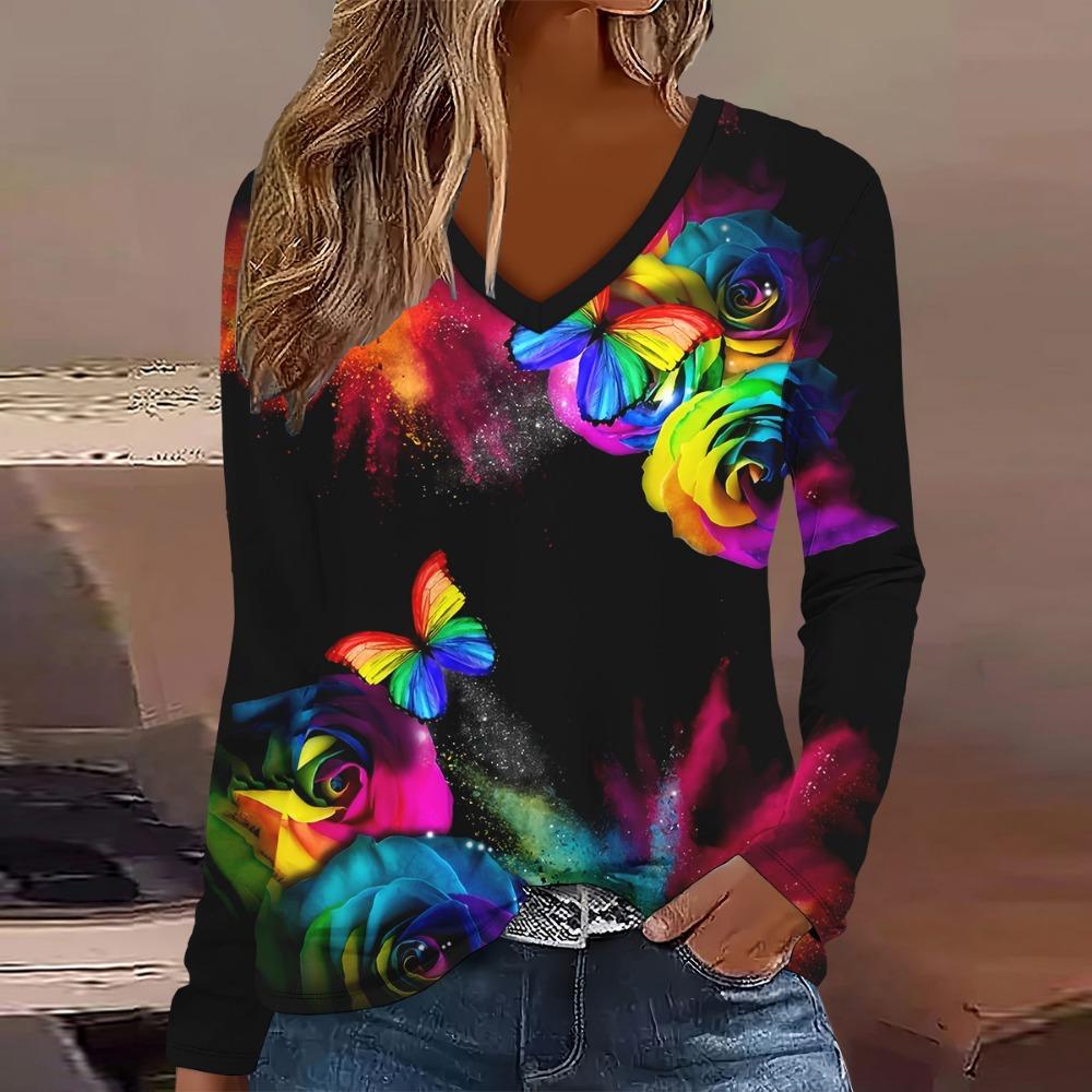Elegant and Fashionable 3D Digital Printed Women's Long Sleeved T-shirt from Europe and America