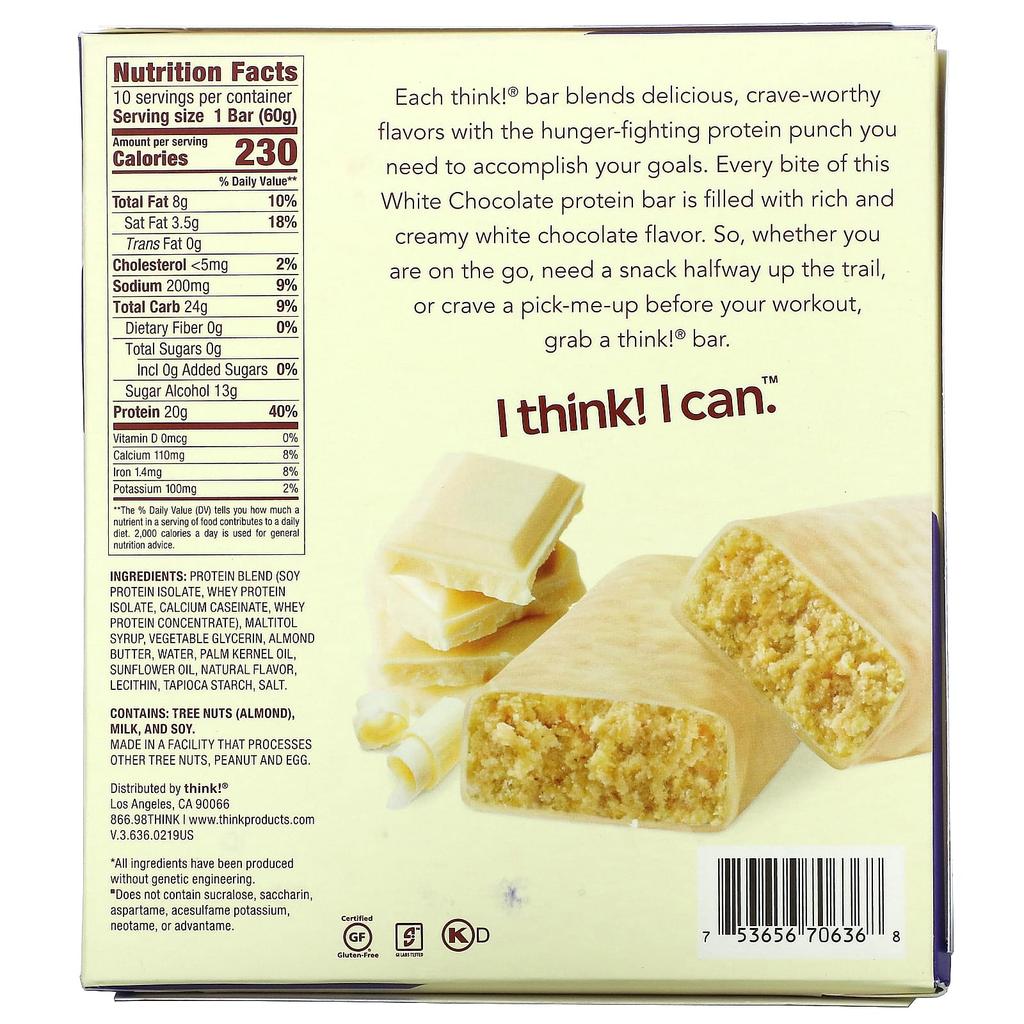 Think!, High Protein Bars, White Chocolate, 10 Bars, 2.1 Oz (60 G) Each