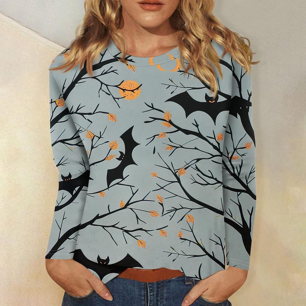 Модная женская футболка с круглым вырезом и длинными рукавами с 3D цифровым принтом в виде летучих мышей на Хэллоуин