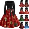 Christmas Print Flare Dress For Women Long Sleeve Dress Hollow Party Casual Square Collar Dresses