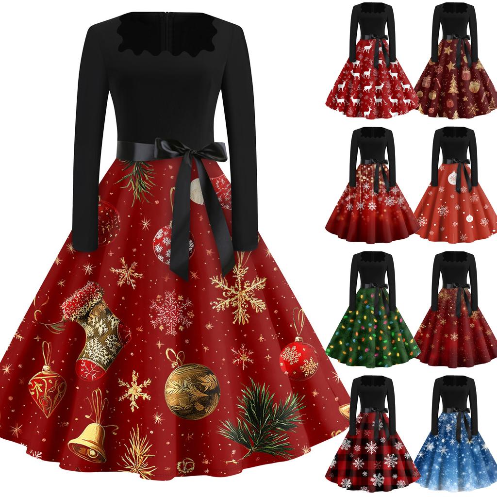 Christmas Print Flare Dress For Women Long Sleeve Dress Hollow Party Casual Square Collar Dresses