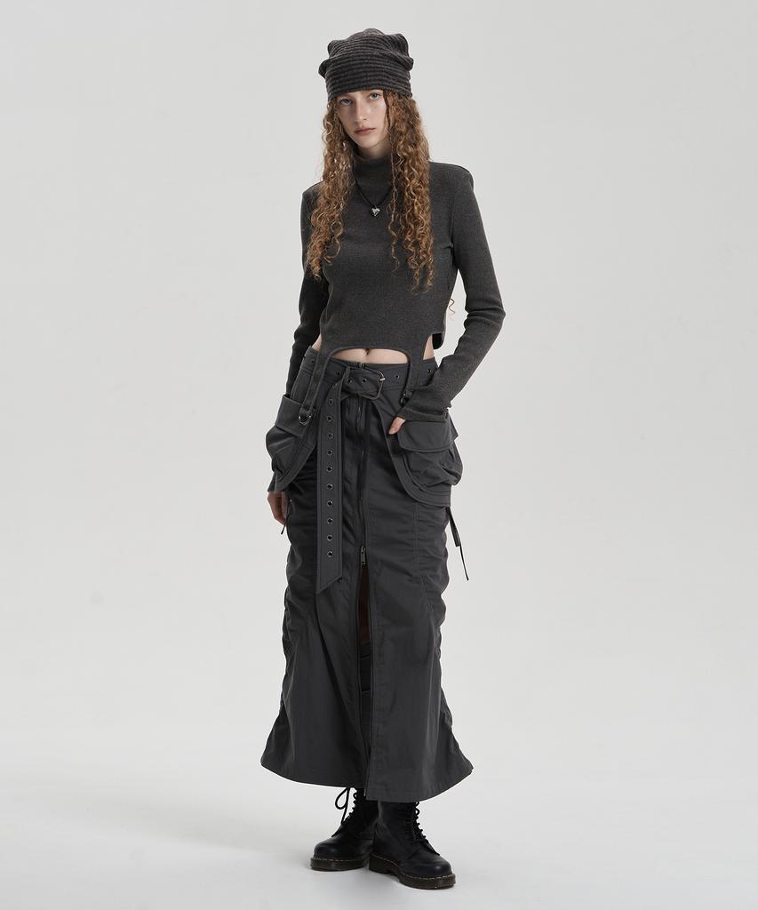 Jenyujeu Layered Belt Zipper Long Skirt - Charcoal