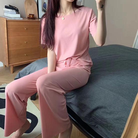 Женская одежда для дома, модный эластичный пояс, быстросохнущая женская одежда для дома, однотонный тонкий топ, брюки, одежда для сна, комплект одежды для сна