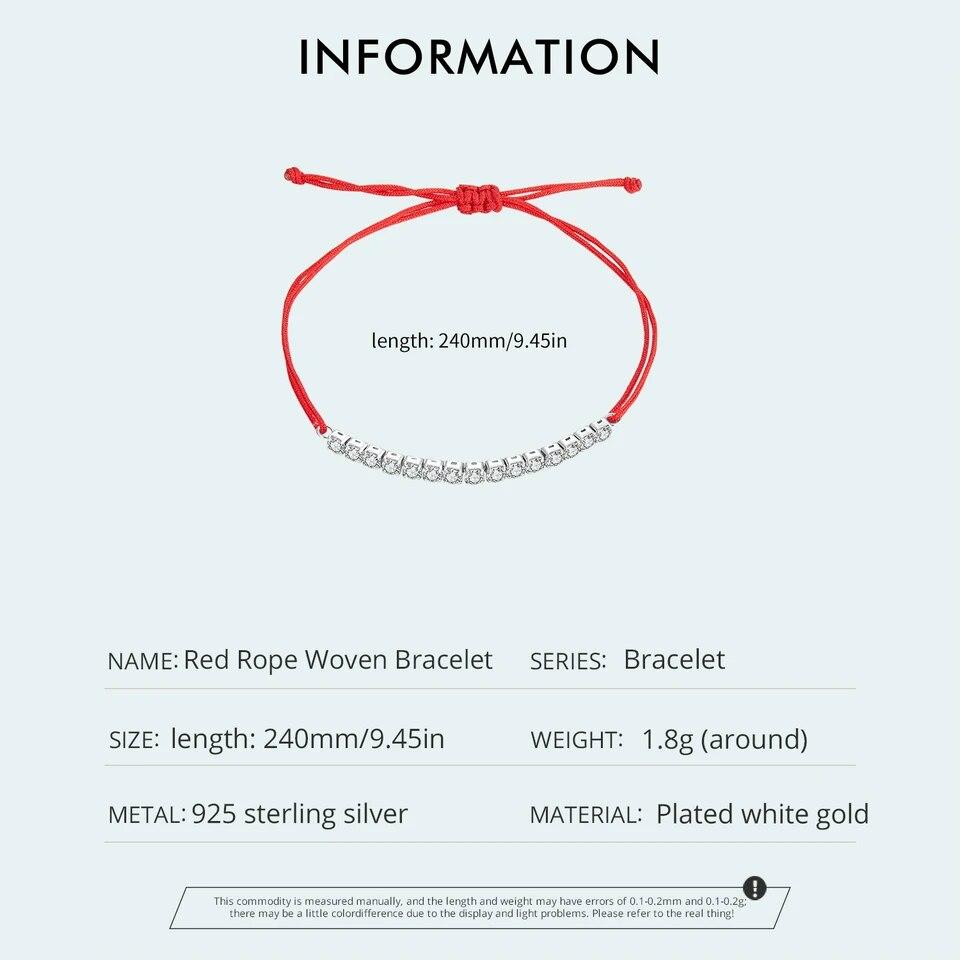 BAMOER 925 Sterling Silver Simple Red Rope Bracelet Shiny Zircon Tennis Bracelet for Women Lucky Fine Jewelry Gift