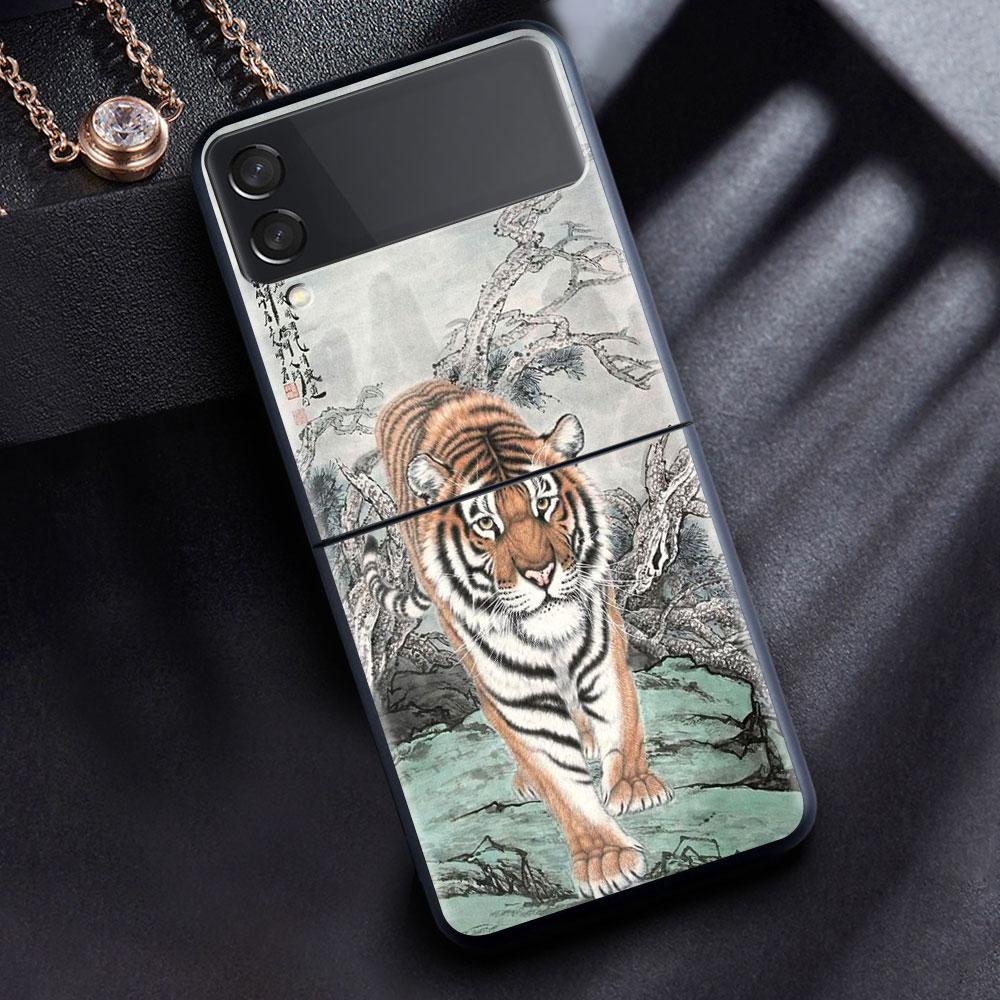Чехол для Samsung Galaxy Z Flip 3 4 5G черный жесткий корпус для телефона из ПК Z flip4 роскошный сегментированный чехол Tiger Crane ART