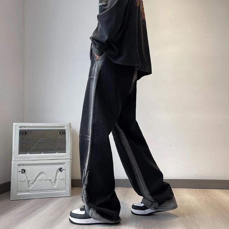 Джинсы с широкими штанинами в американском стиле с градиентом, мужская одежда, джинсовые брюки, стильные, с перекрестными вставками, винтажный, молодежный стиль, свободные брюки