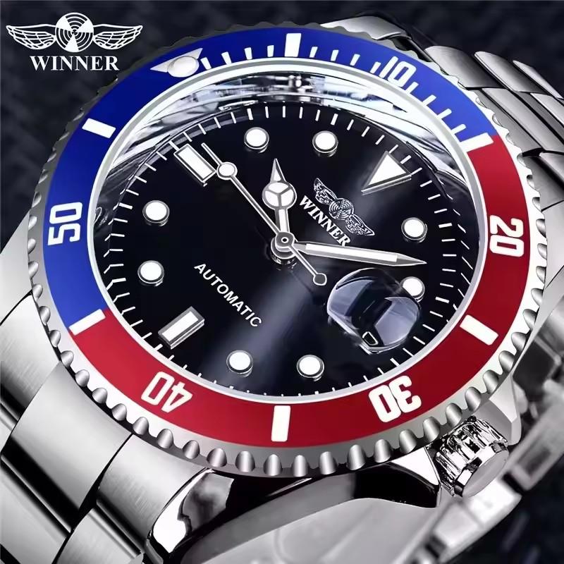 Winner Men's Automatic Mechanical Watch Waterproof Full Stainless Steel Strap Calendar Luminous Casual Business Watches For Men