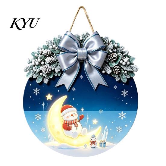 Gift for Christmas Wooden Welcome Sign Front Door, Round Hanging Ornament with Festive Home Decoration Artificial Pine Branches & Bow Decor
