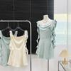 Новое летнее атласное платье в корейском стиле, женское короткое дизайнерское нежное элегантное однотонное платье с лентой на талии