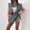 Women's Casual Set Fashion Loose Color Block Long Sleeve Zip Up Cardigan Contrast Color Top Skirt Sport Suit
