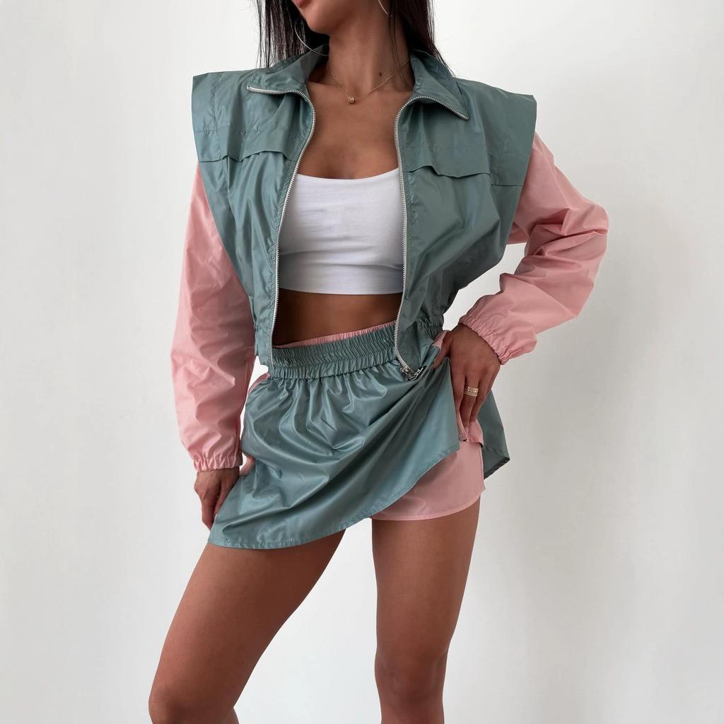 Women's Casual Set Fashion Loose Color Block Long Sleeve Zip Up Cardigan Contrast Color Top Skirt Sport Suit